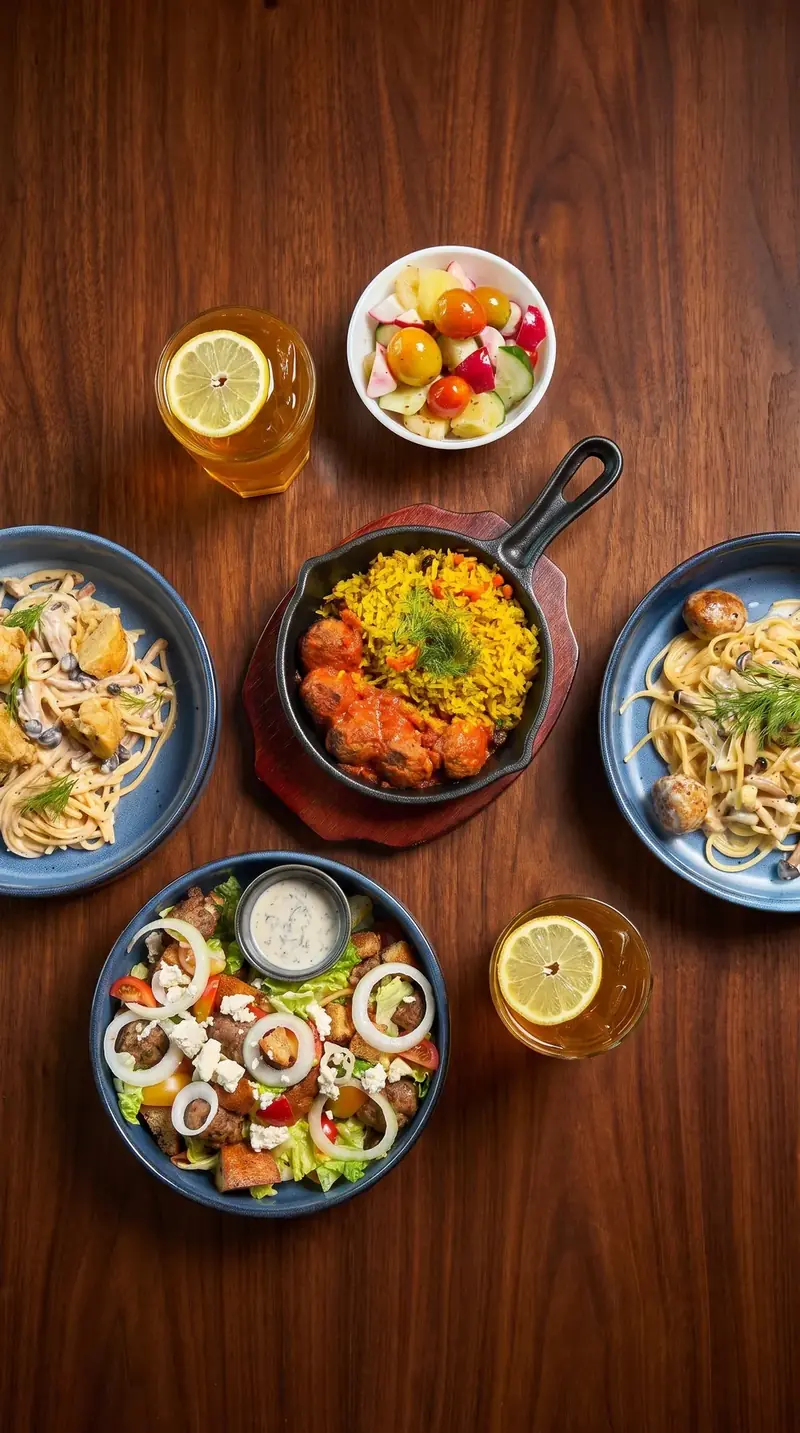 Kapitan set lunch dishes on a walnut table, with salad and iced lemon tea
